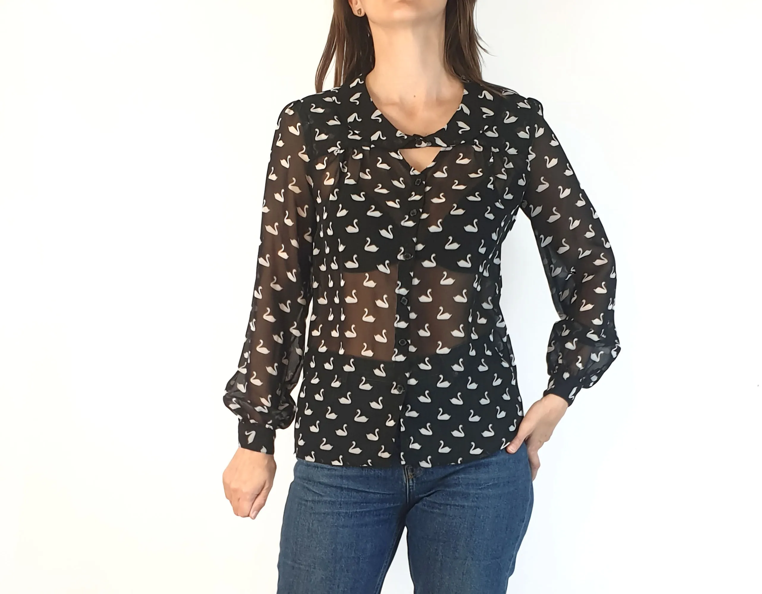Revival black sheer swan print shirt size 8