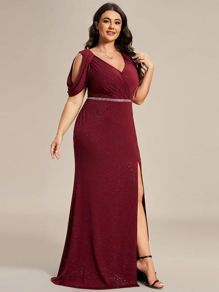 Robe de soirée scintillante avec ceinture brillante Manches bouffantes à épaules dénudées(Vente finale)