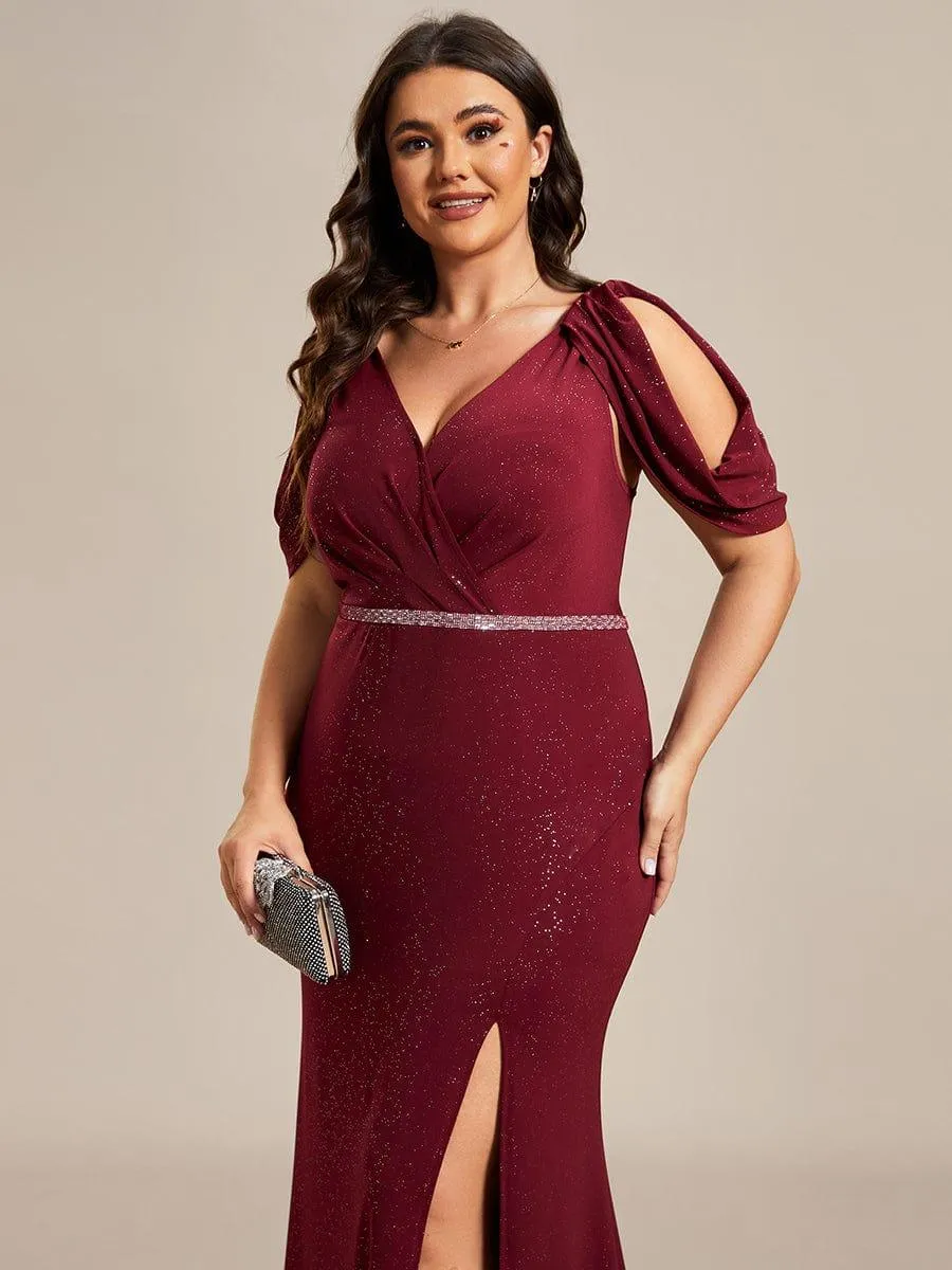Robe de soirée scintillante avec ceinture brillante Manches bouffantes à épaules dénudées(Vente finale)