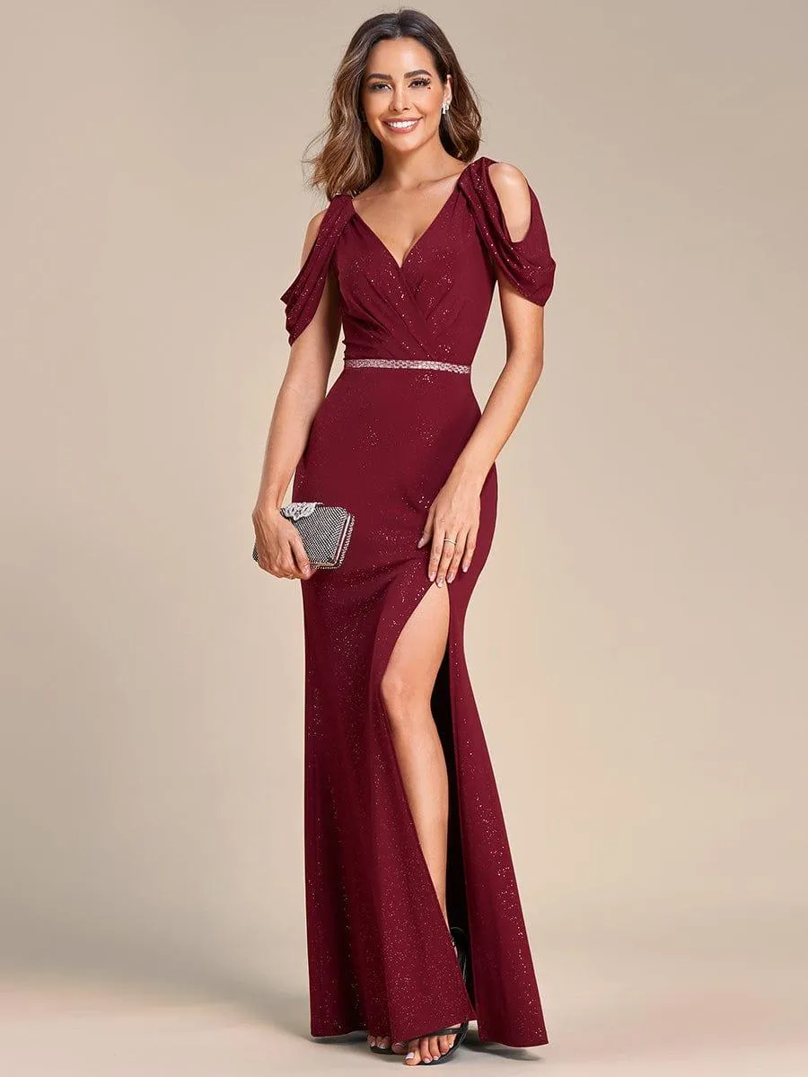 Robe de soirée scintillante avec ceinture brillante Manches bouffantes à épaules dénudées(Vente finale)