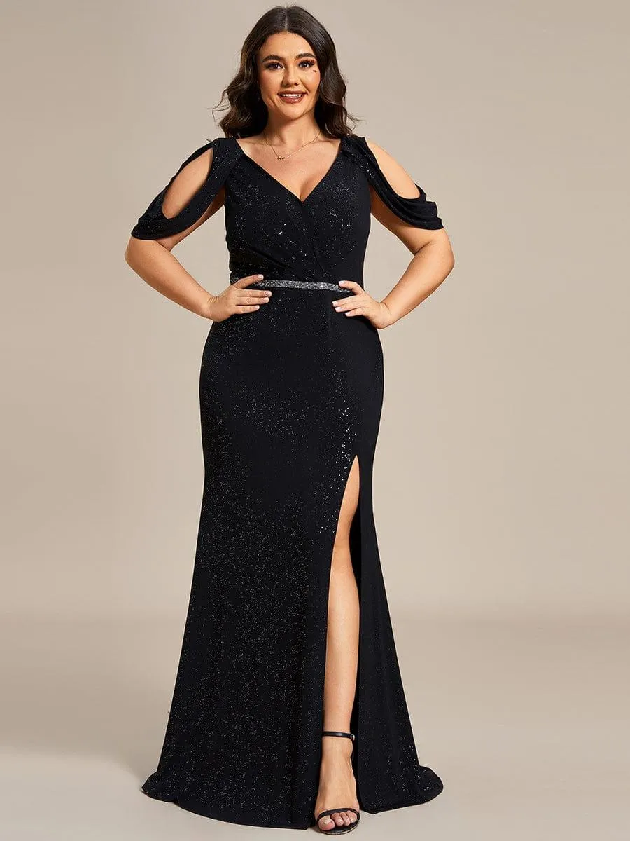 Robe de soirée scintillante avec ceinture brillante Manches bouffantes à épaules dénudées(Vente finale)