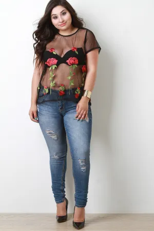 Rose Embroidered Sheer Mesh Top