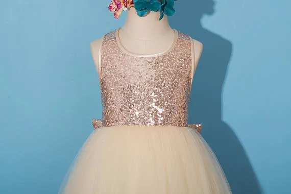 Rose gold sequins dress, pageant dress, rose gold flower girl dress, champagne tulle Flower girl dresses, FG0114