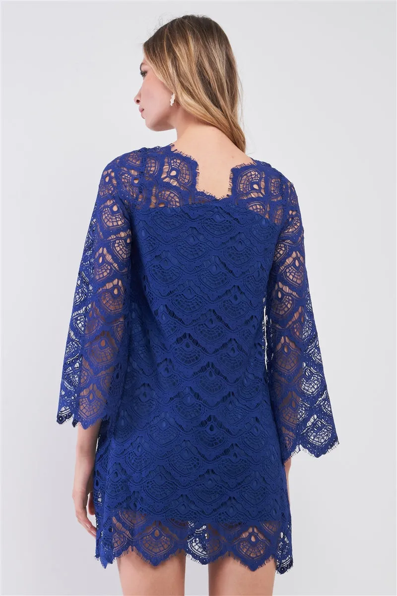 Royal Blue Crochet Lace Round Neck Long Bell Sleeve Zigzag Hem Loose Fit Mini Dress