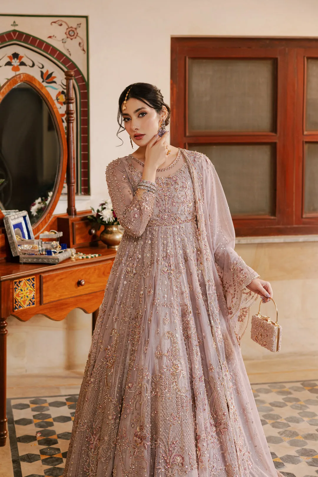 Royal Dusty Lilac Heavily embellished Pakistani Wedding Dress Maxi Frock