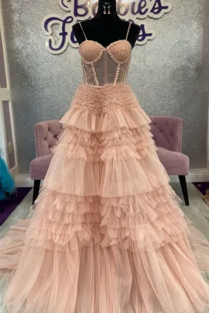 Roycebridal Averi | Blushing Pink Tulle Ruffle Layers Lace-Up Back A-Line Prom Dress