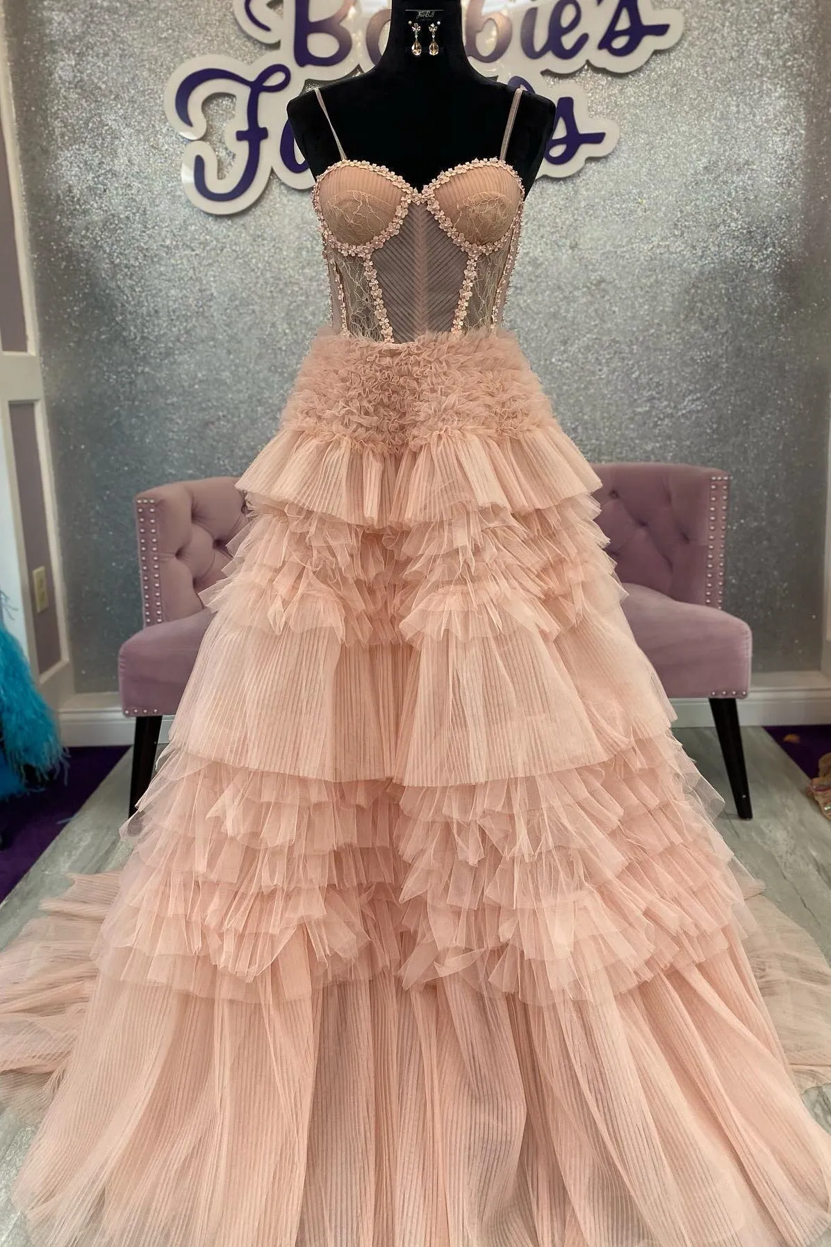 Roycebridal Averi | Blushing Pink Tulle Ruffle Layers Lace-Up Back A-Line Prom Dress