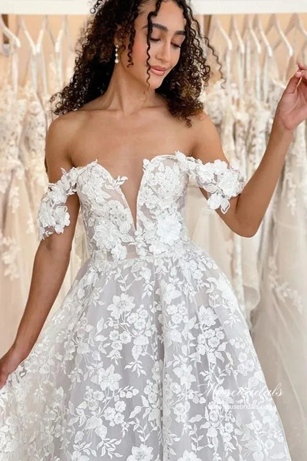 Roycebridal Gorgeous A-line Off-the-Shoulder Wedding Dresses With Lace Appliques, MW954