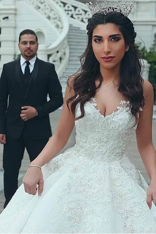 Roycebridal Gorgeous Ball Gown V-neck Lace Appliques Wedding Dresses, Bridal Gown, MW770