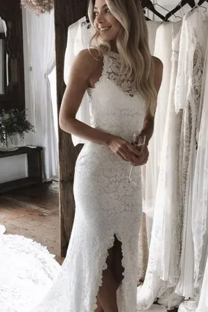 Roycebridal Mermaid Lace Open Back Side Split Long Wedding Dresses, Bridal Gowns, MW758
