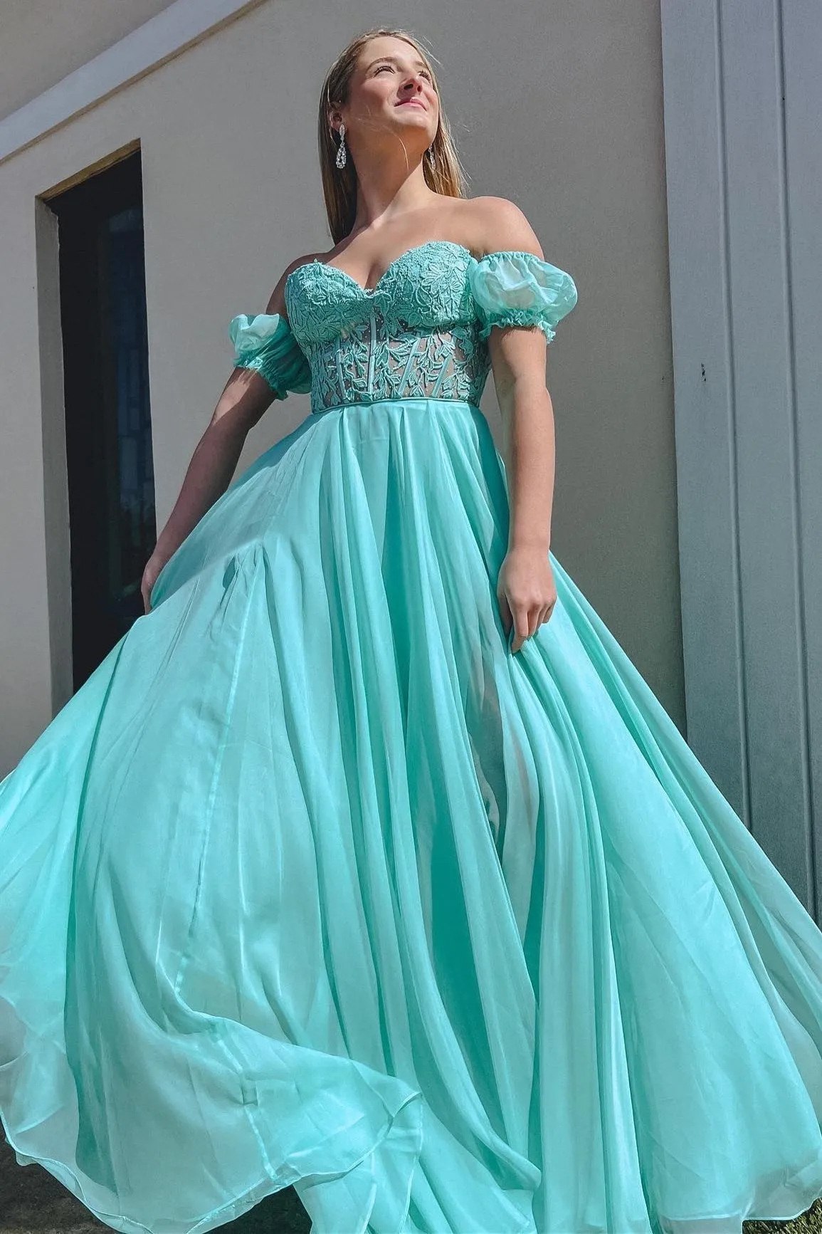 Roycebridal Rachel |A line Sweetheart Chiffon Prom Dress with Puff Sleeves