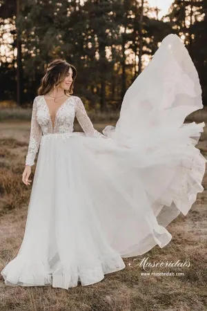 Roycebridal Tulle A-line V-neck Long Sleeves Wedding Dresses With Lace Appliques, MW920