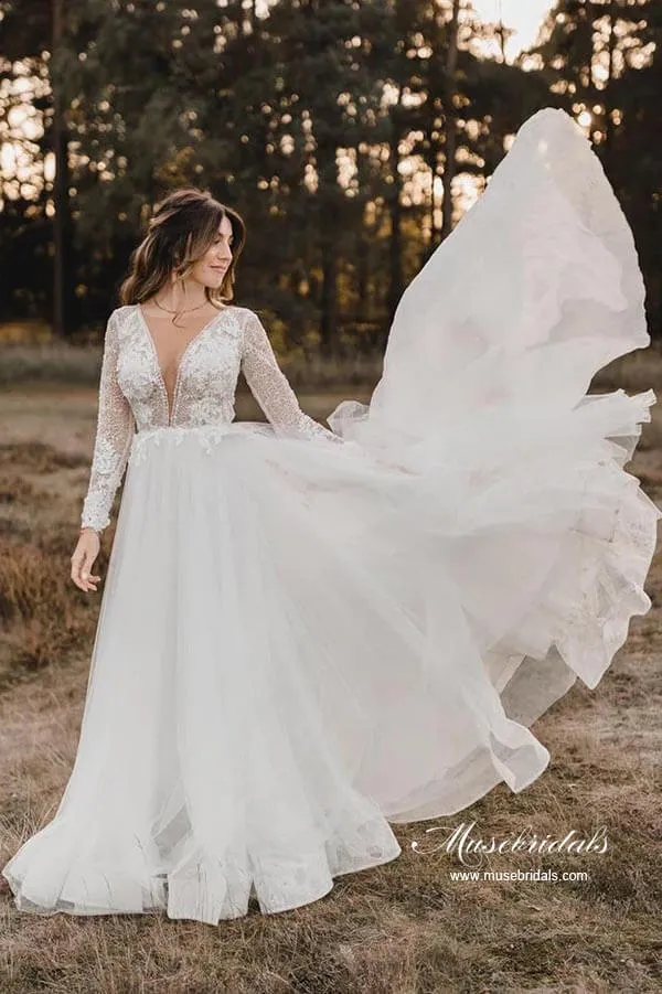 Roycebridal Tulle A-line V-neck Long Sleeves Wedding Dresses With Lace Appliques, MW920