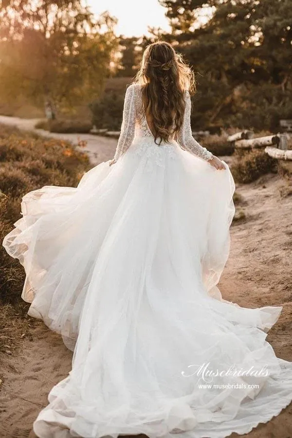 Roycebridal Tulle A-line V-neck Long Sleeves Wedding Dresses With Lace Appliques, MW920