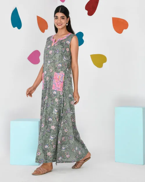 Sage Green Block Print Cotton Sleeveless Nighty