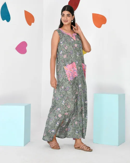 Sage Green Block Print Cotton Sleeveless Nighty