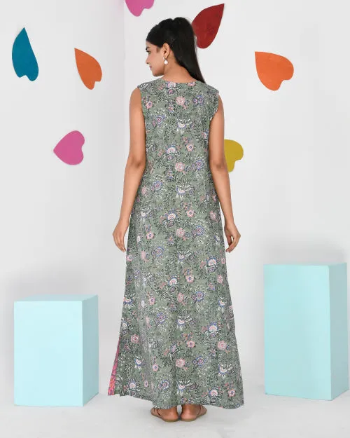 Sage Green Block Print Cotton Sleeveless Nighty