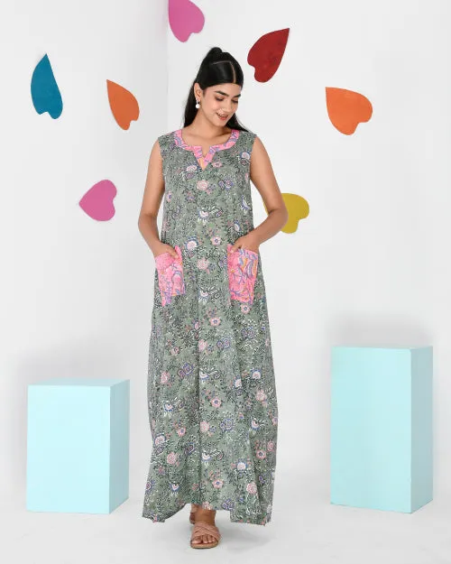 Sage Green Block Print Cotton Sleeveless Nighty