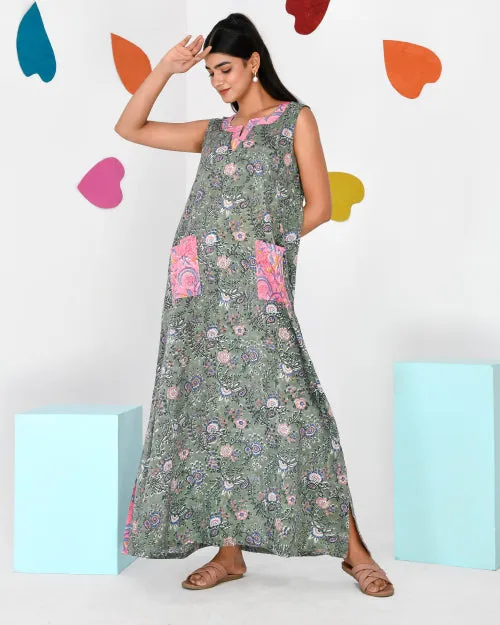 Sage Green Block Print Cotton Sleeveless Nighty