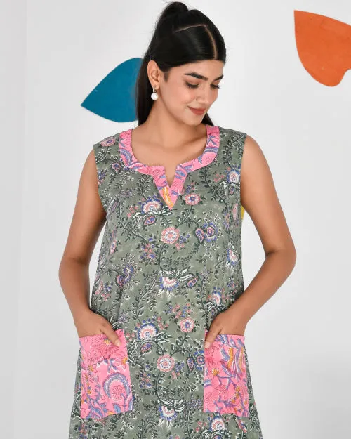 Sage Green Block Print Cotton Sleeveless Nighty