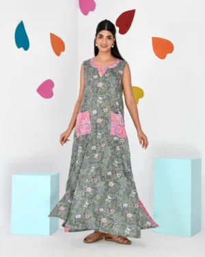 Sage Green Block Print Cotton Sleeveless Nighty