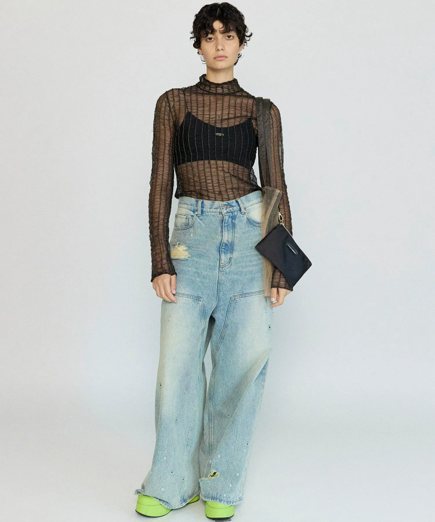 【SALE】Shirring Stripe Sheer Knitwear