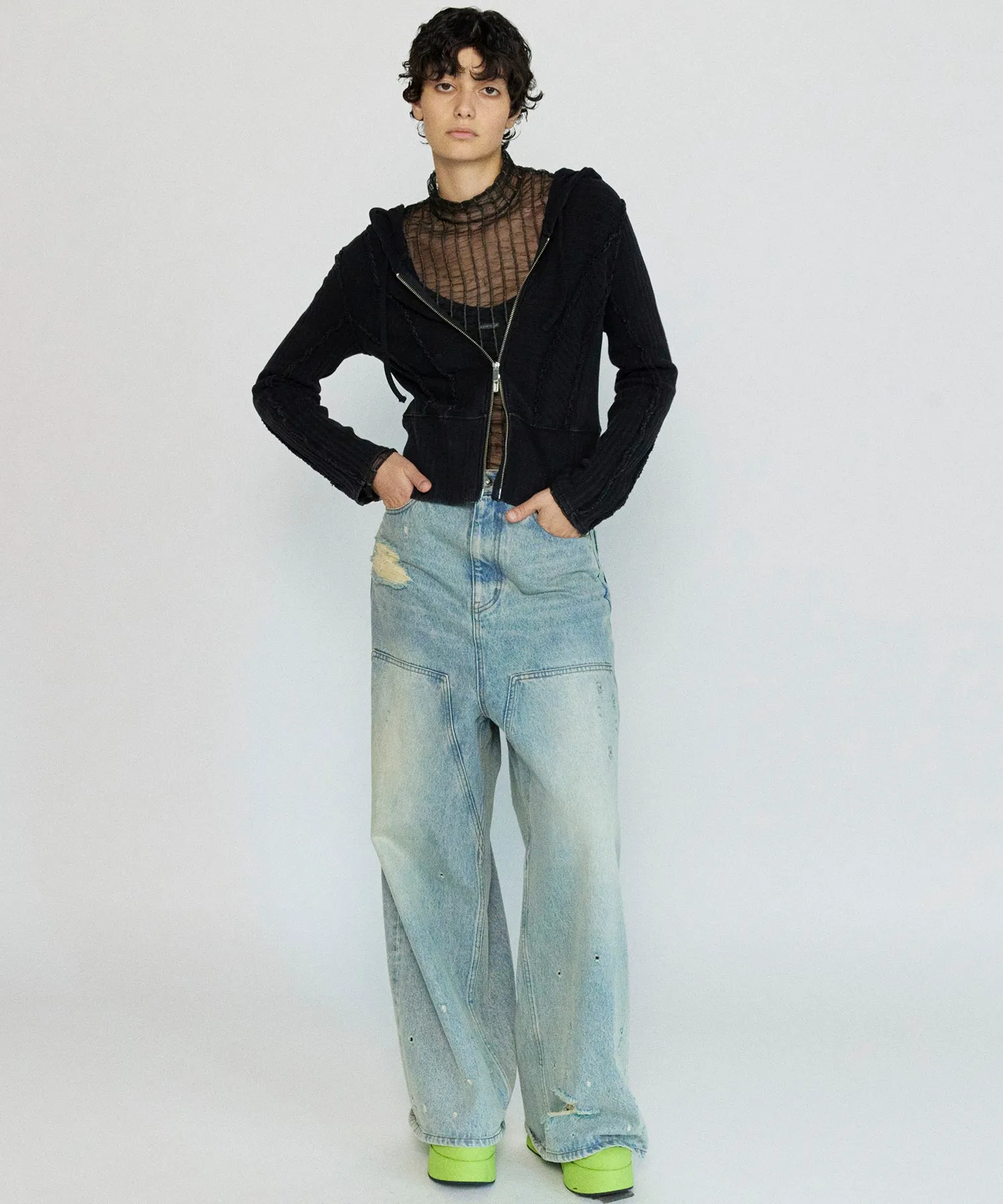 【SALE】Shirring Stripe Sheer Knitwear