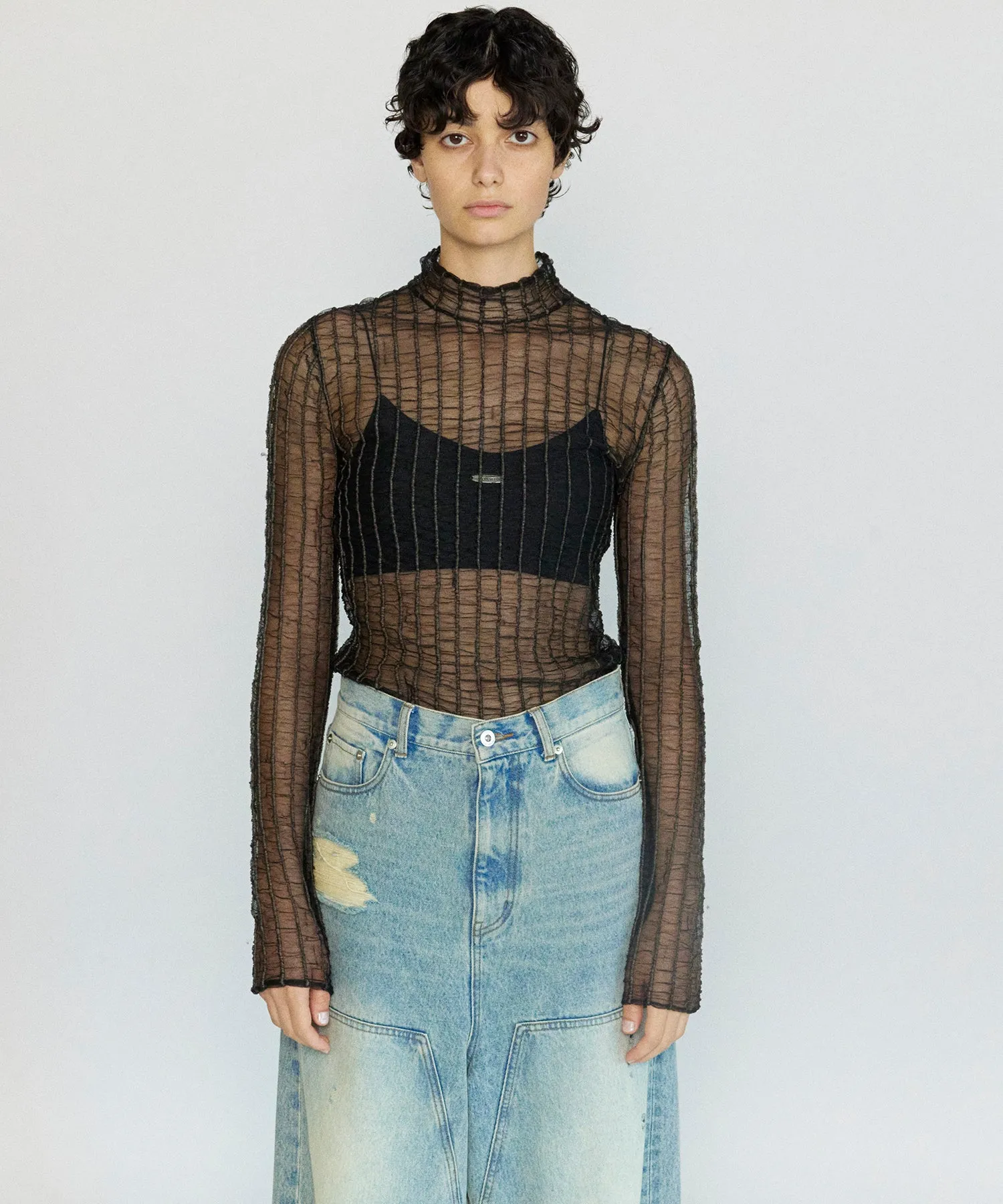 【SALE】Shirring Stripe Sheer Knitwear