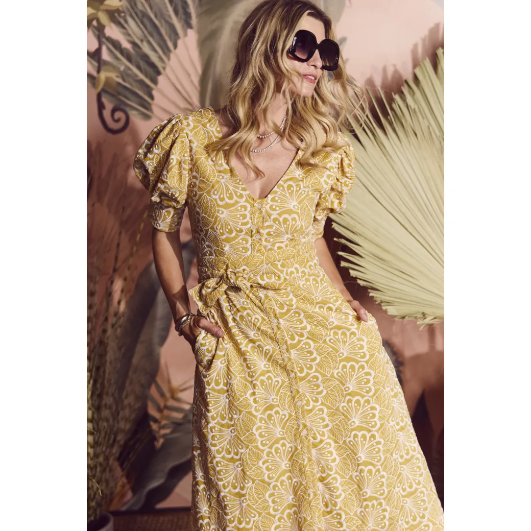 SAMPLE - Deep V Day Gown - MIDI - Marigold Embroidery