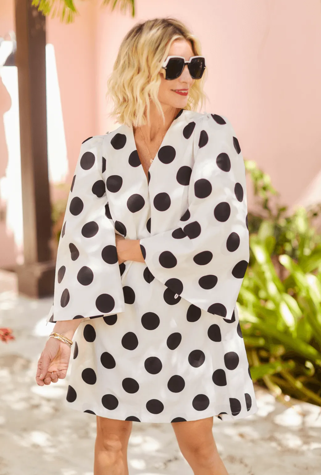 SAMPLE Le V Bell Sleeve Mod Dress - Polkadots