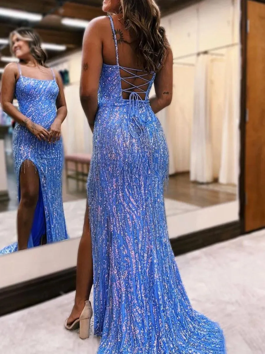 Scoop Neck Mermaid Sequins Long Prom Dresses with Beading