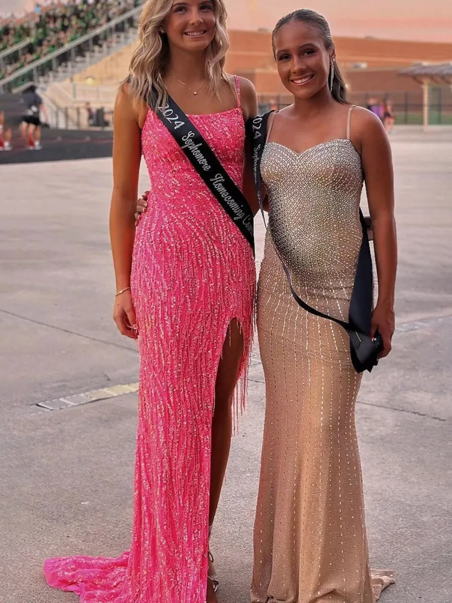 Scoop Neck Mermaid Sequins Long Prom Dresses with Beading