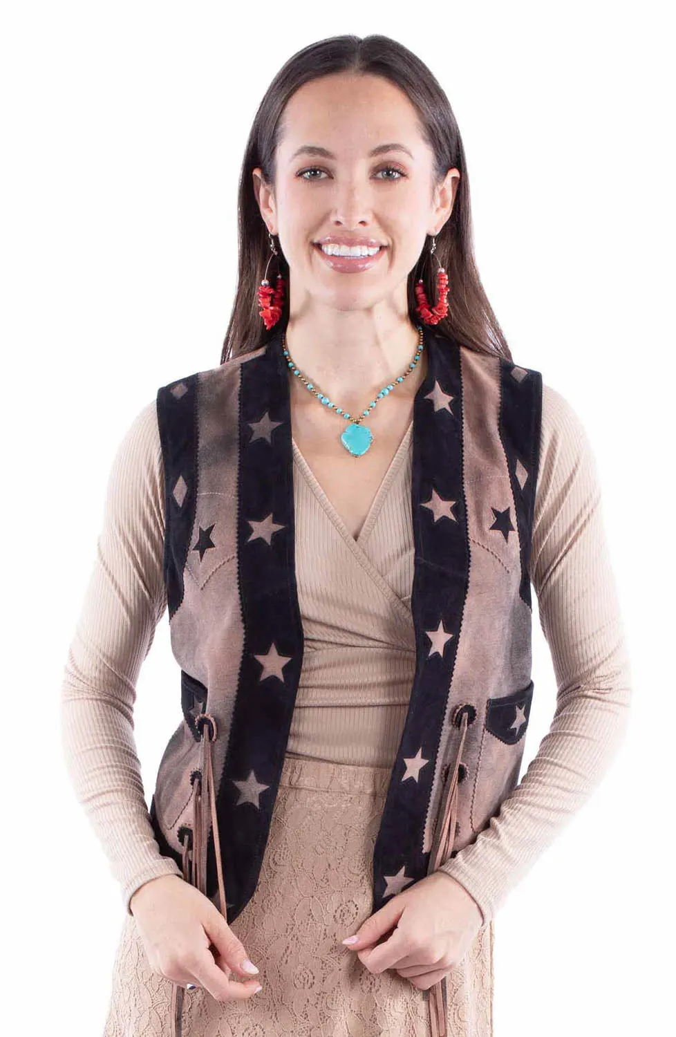 Scully Womens Stars Fringe Yoke Black Leather Leather Vest