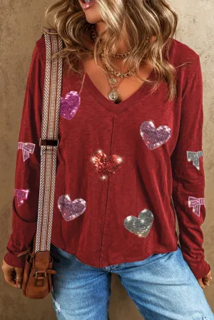 Sequin Heart V-Neck Long Sleeve T-Shirt