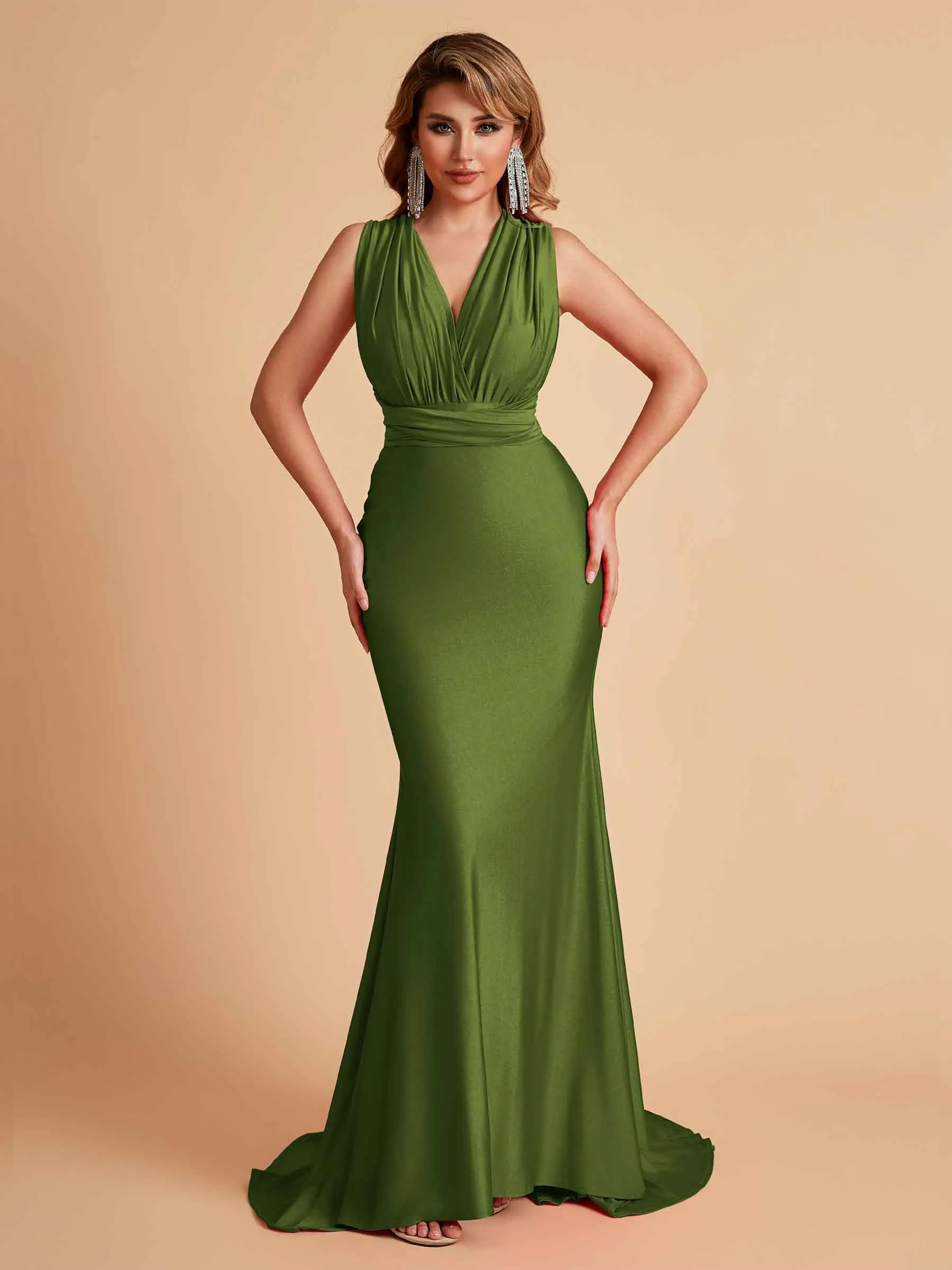 Sexy Convertible Jersey Pleats Mermaid Bridesmaid Dresses Floor Length Bridal Party Dresses