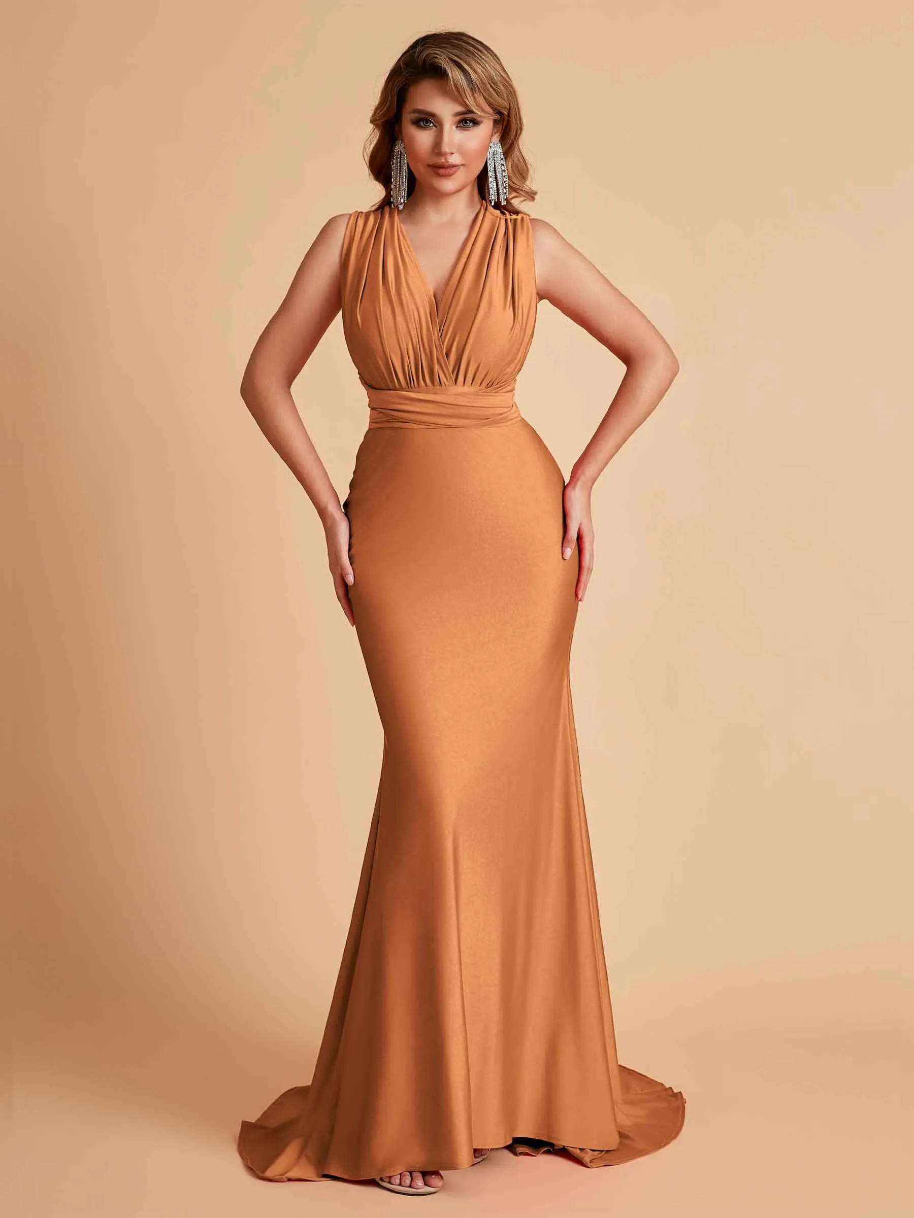 Sexy Convertible Jersey Pleats Mermaid Bridesmaid Dresses Floor Length Bridal Party Dresses