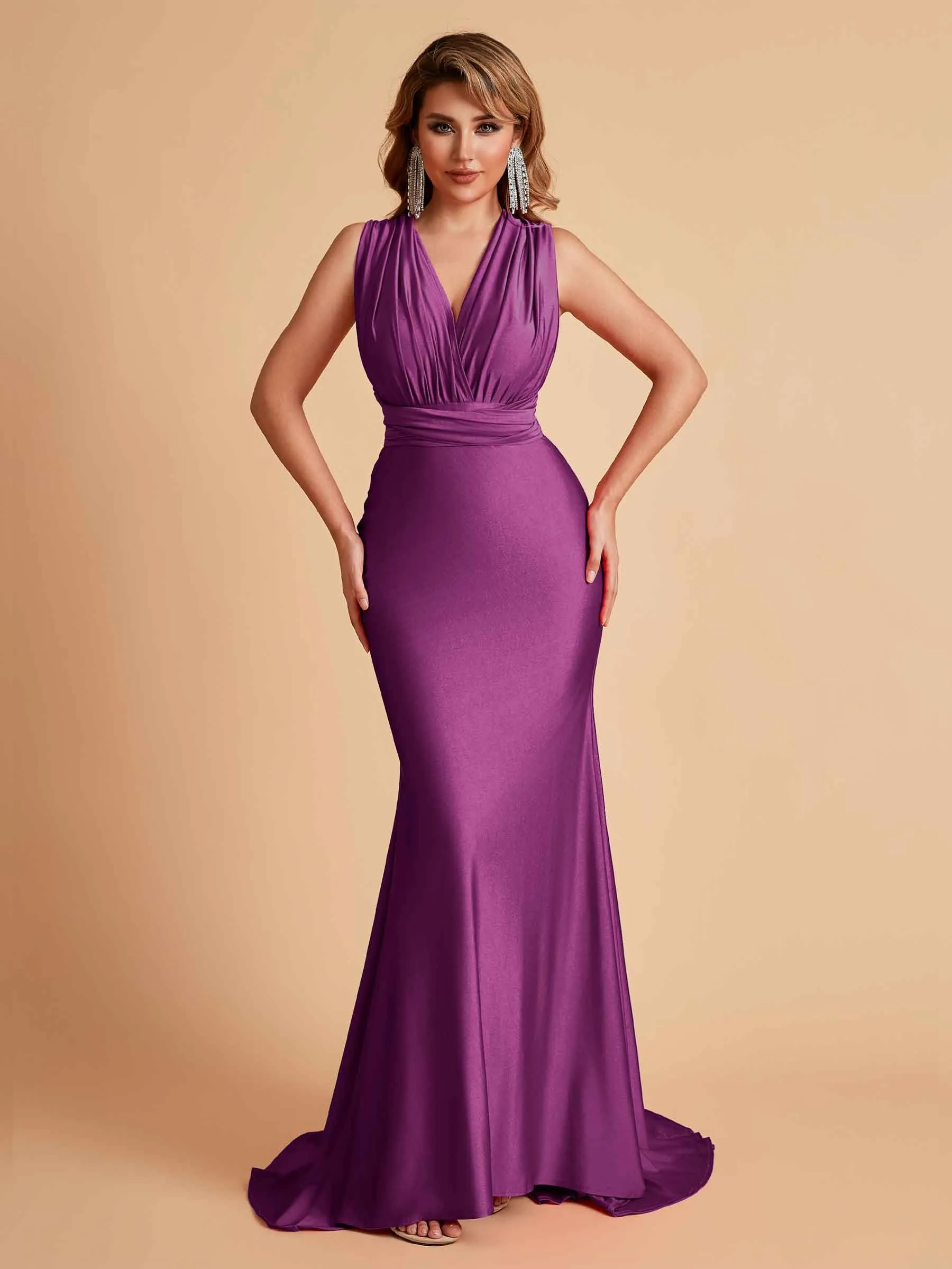 Sexy Convertible Jersey Pleats Mermaid Bridesmaid Dresses Floor Length Bridal Party Dresses