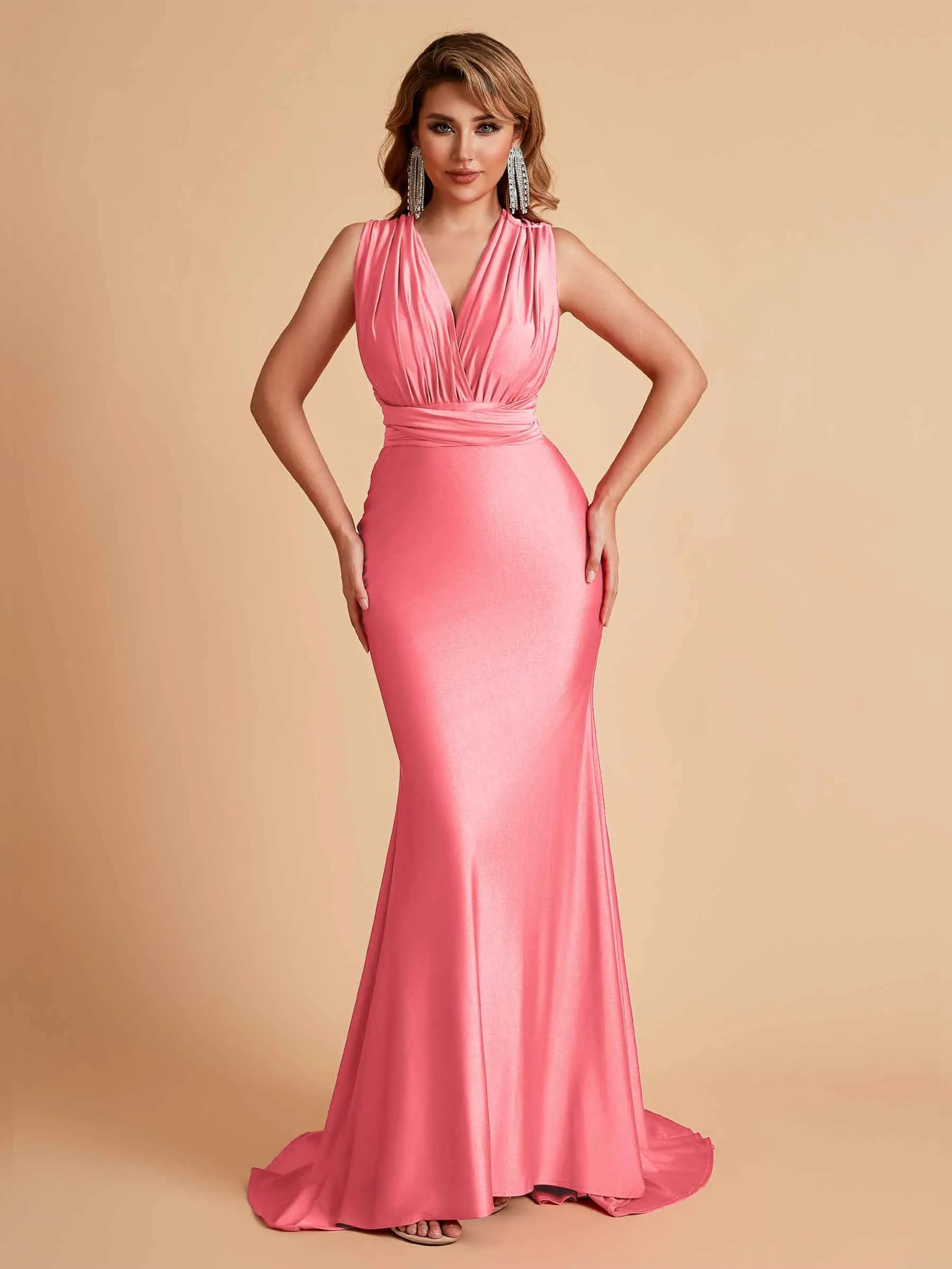 Sexy Convertible Jersey Pleats Mermaid Bridesmaid Dresses Floor Length Bridal Party Dresses