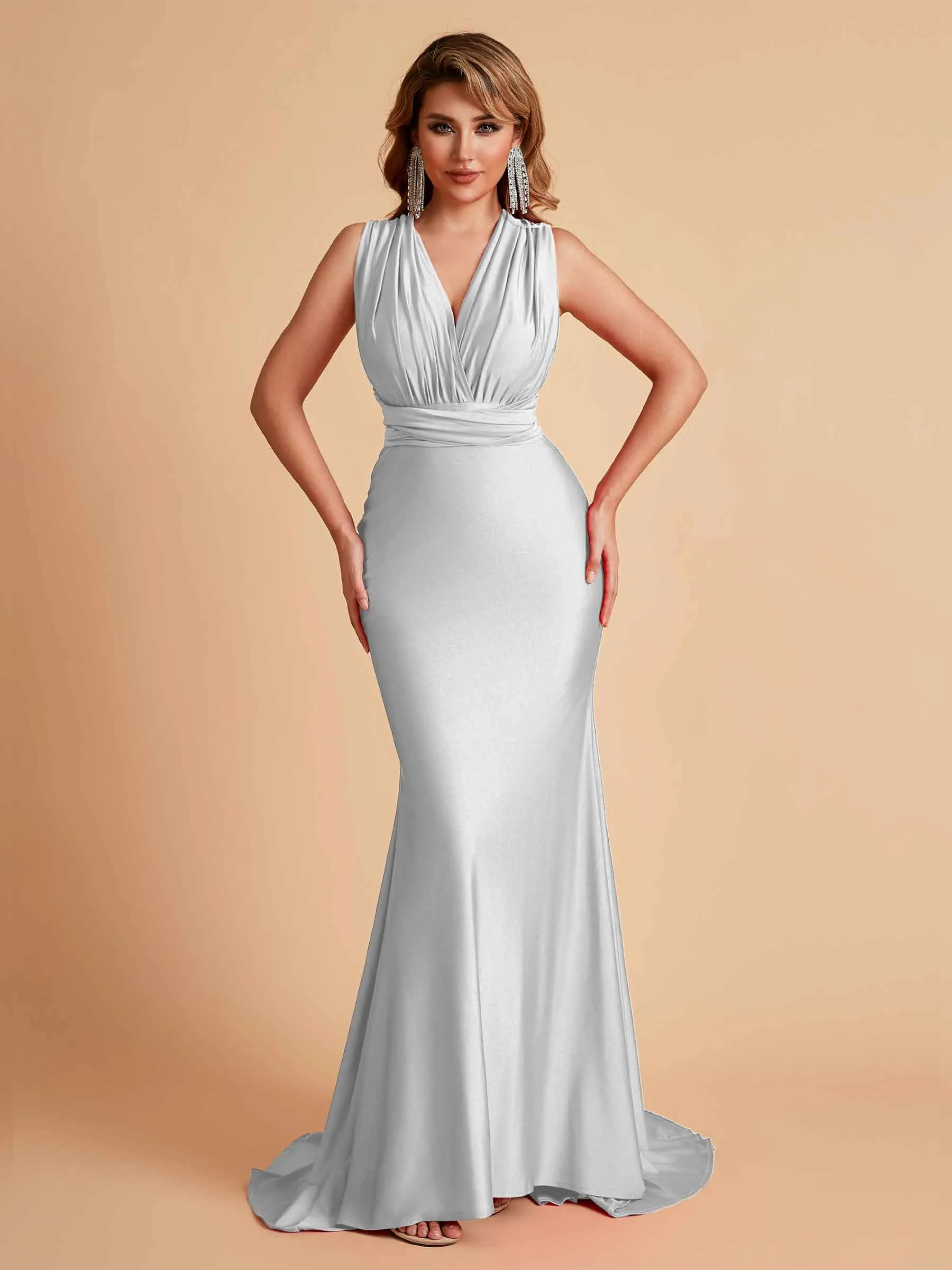 Sexy Convertible Jersey Pleats Mermaid Bridesmaid Dresses Floor Length Bridal Party Dresses