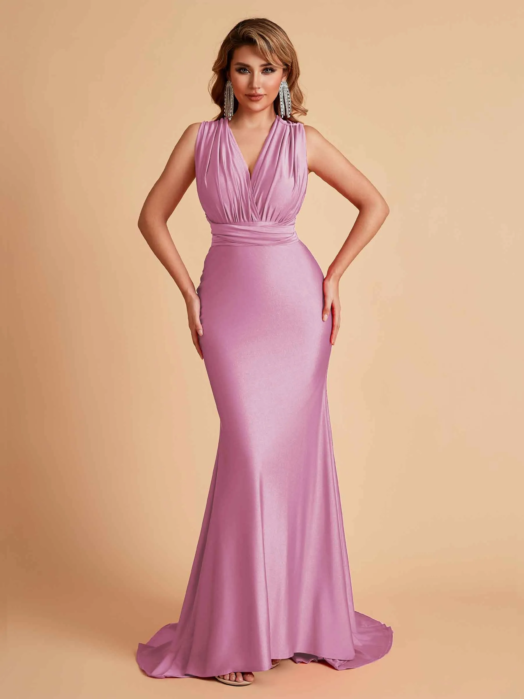 Sexy Convertible Jersey Pleats Mermaid Bridesmaid Dresses Floor Length Bridal Party Dresses
