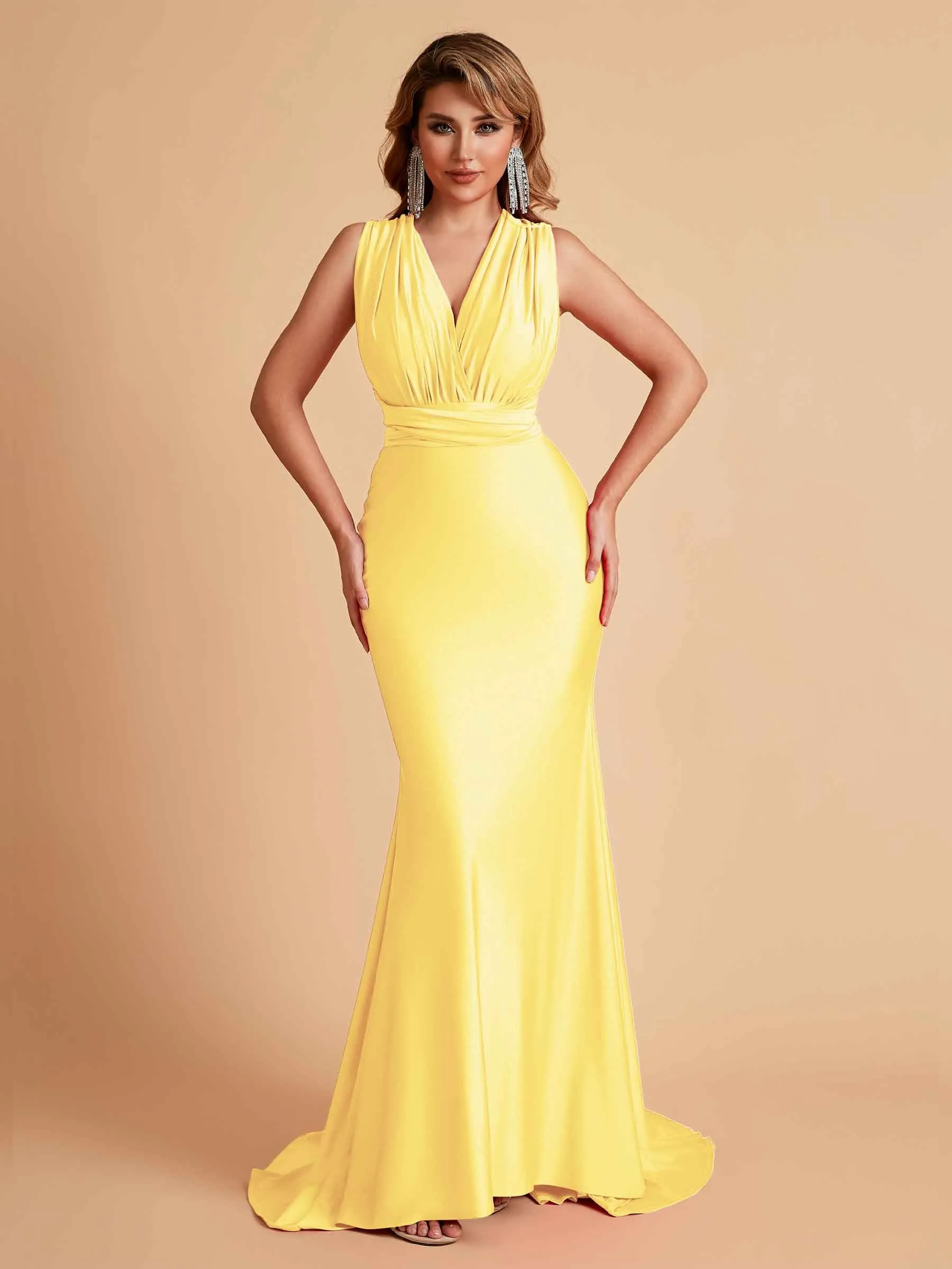 Sexy Convertible Jersey Pleats Mermaid Bridesmaid Dresses Floor Length Bridal Party Dresses