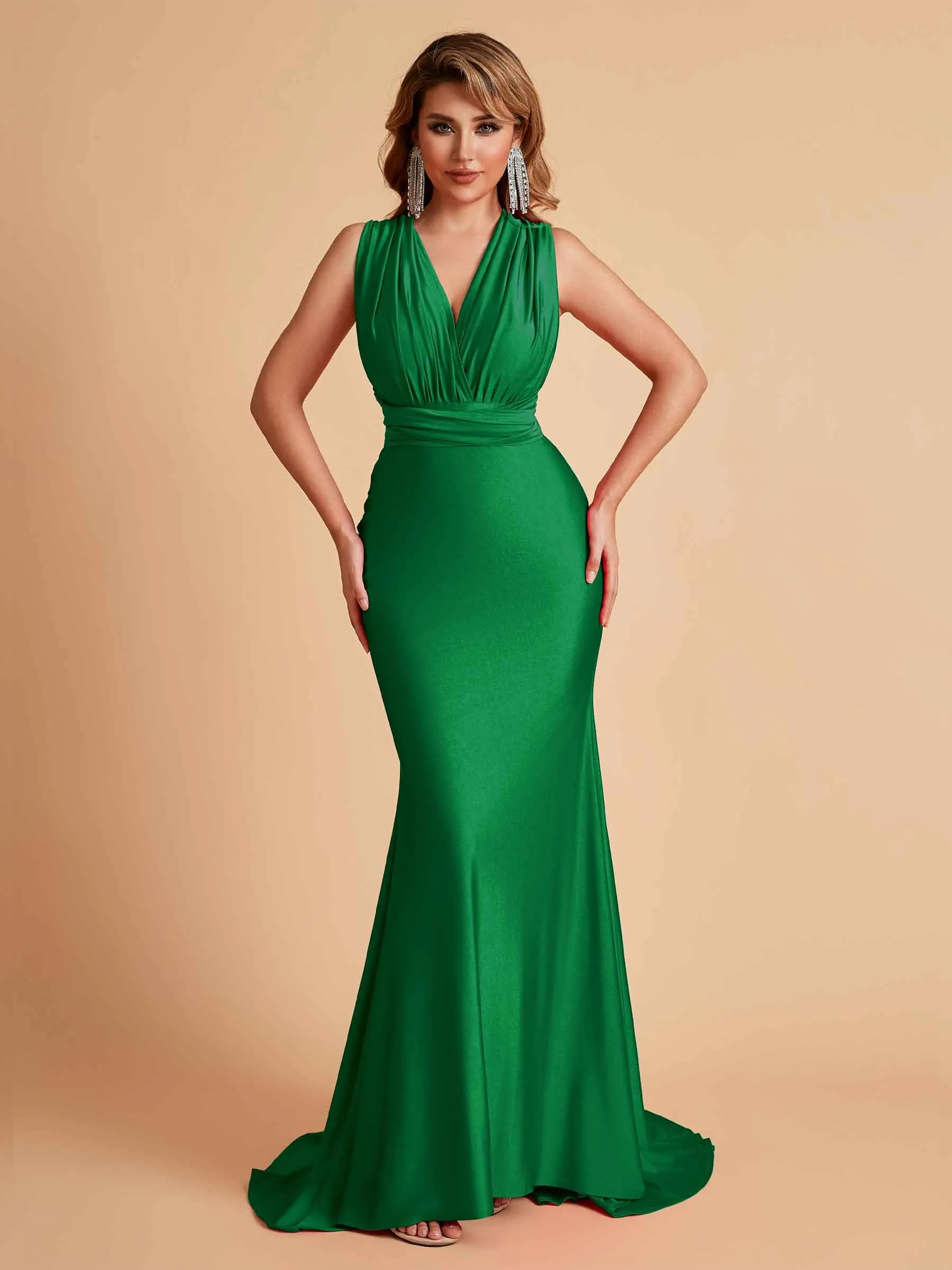 Sexy Convertible Jersey Pleats Mermaid Bridesmaid Dresses Floor Length Bridal Party Dresses