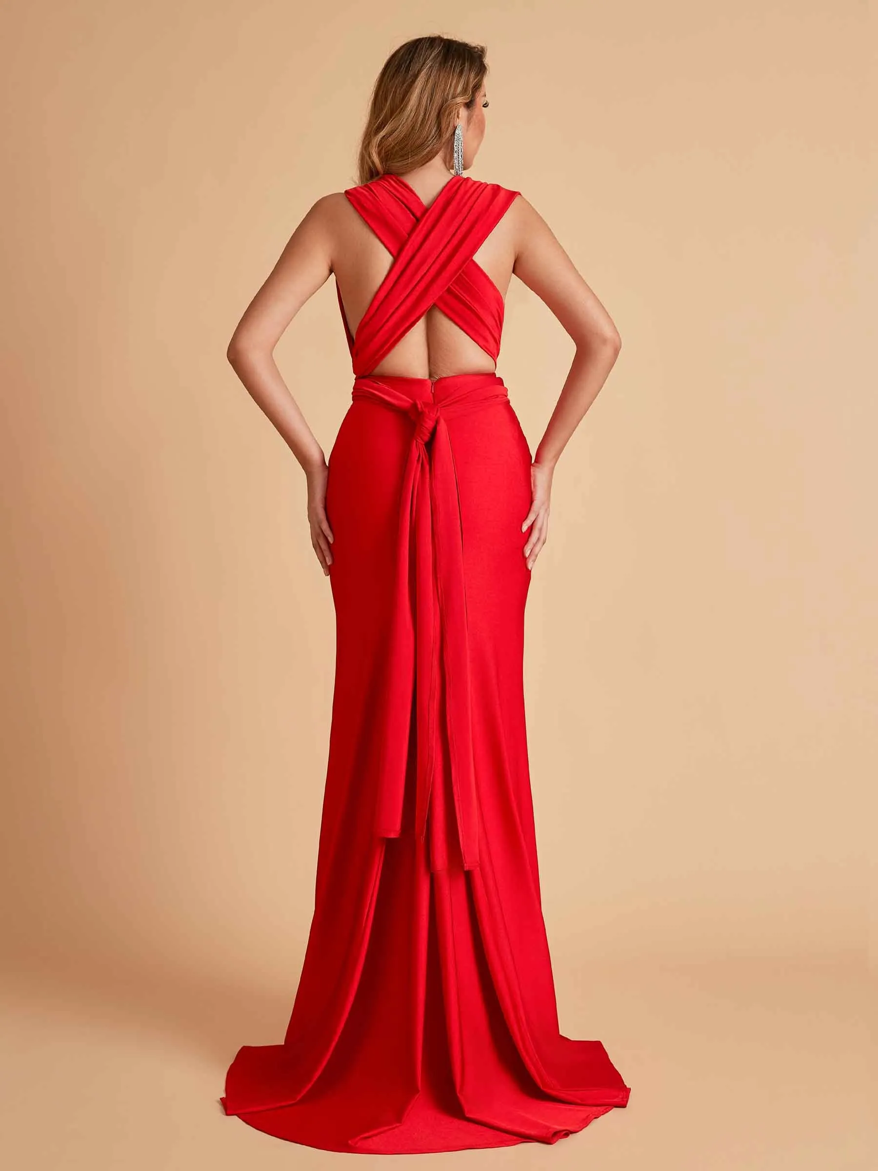 Sexy Convertible Jersey Pleats Mermaid Bridesmaid Dresses Floor Length Bridal Party Dresses