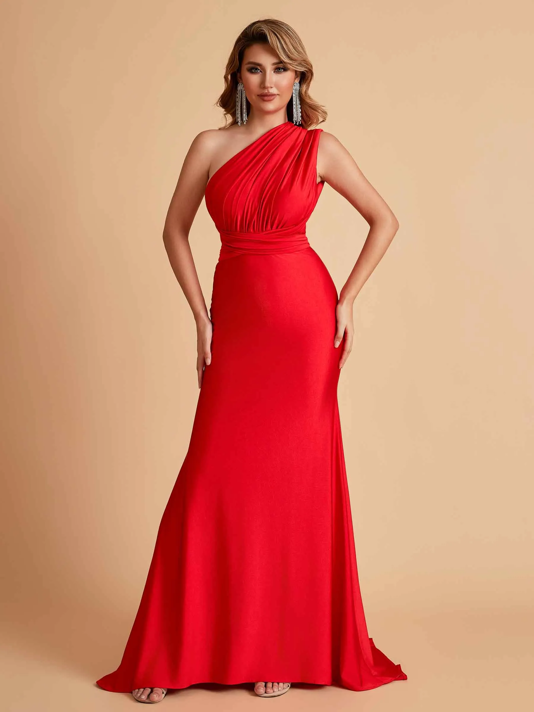 Sexy Convertible Jersey Pleats Mermaid Bridesmaid Dresses Floor Length Bridal Party Dresses