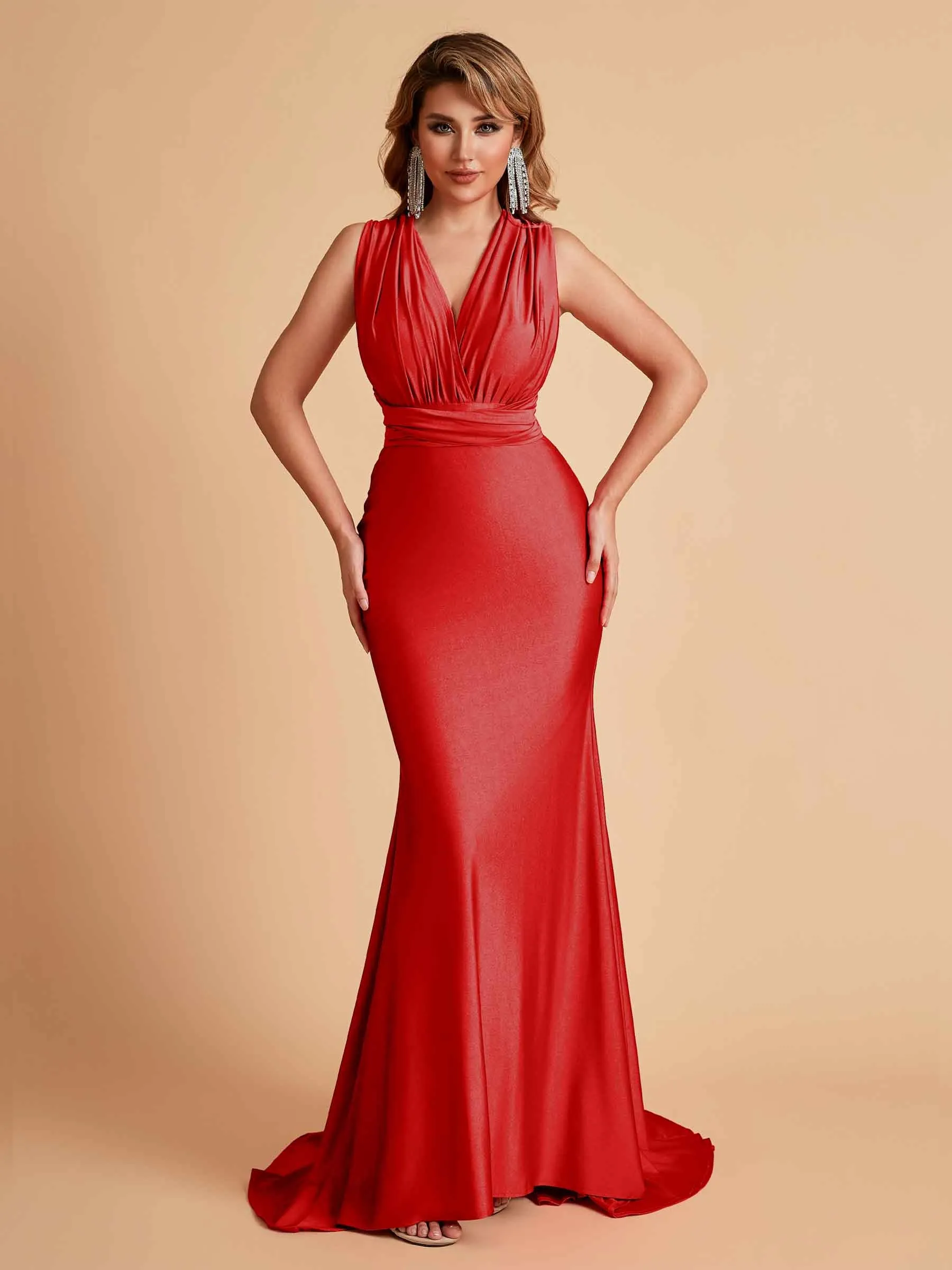 Sexy Convertible Jersey Pleats Mermaid Bridesmaid Dresses Floor Length Bridal Party Dresses