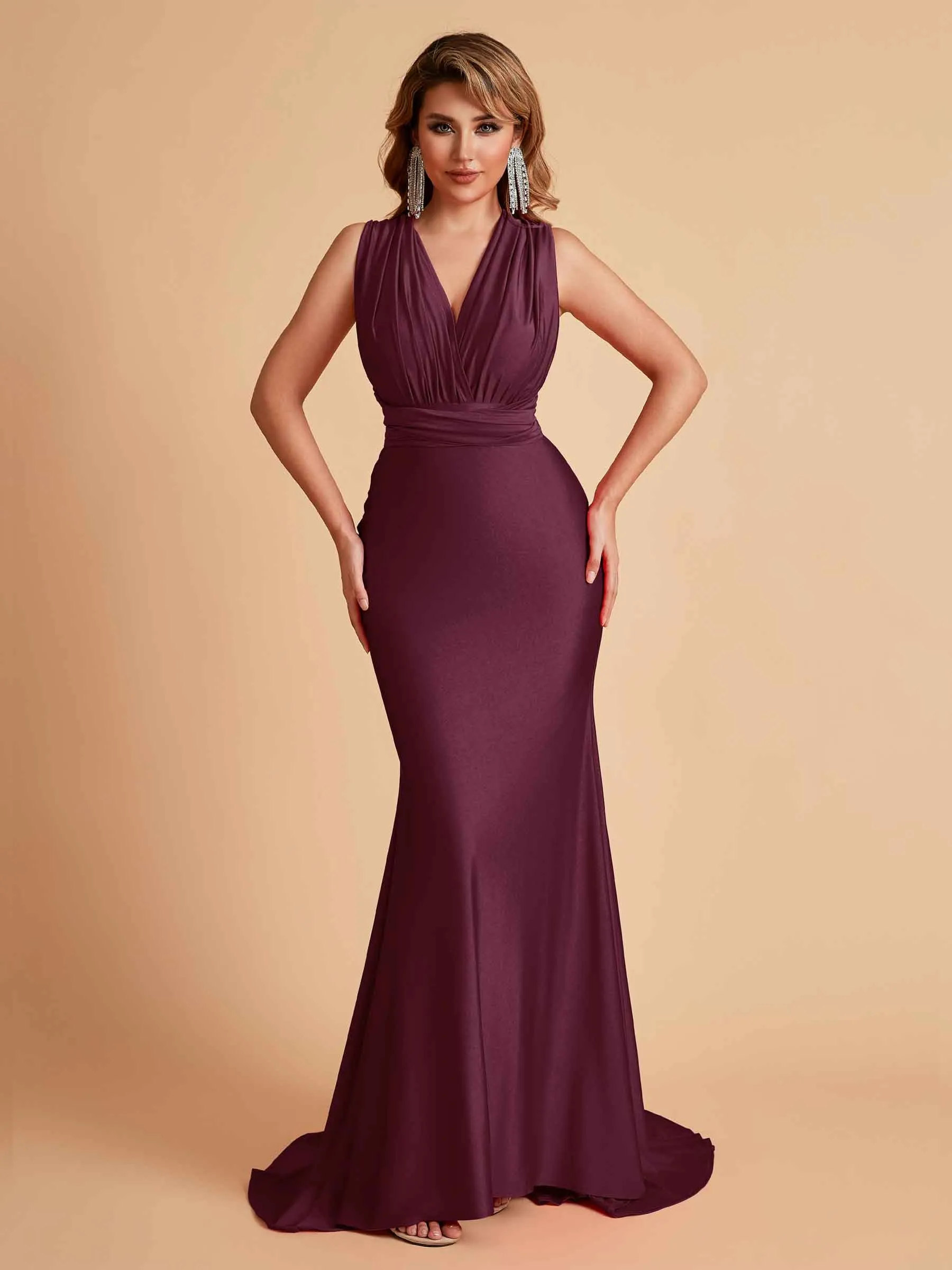 Sexy Convertible Jersey Pleats Mermaid Bridesmaid Dresses Floor Length Bridal Party Dresses