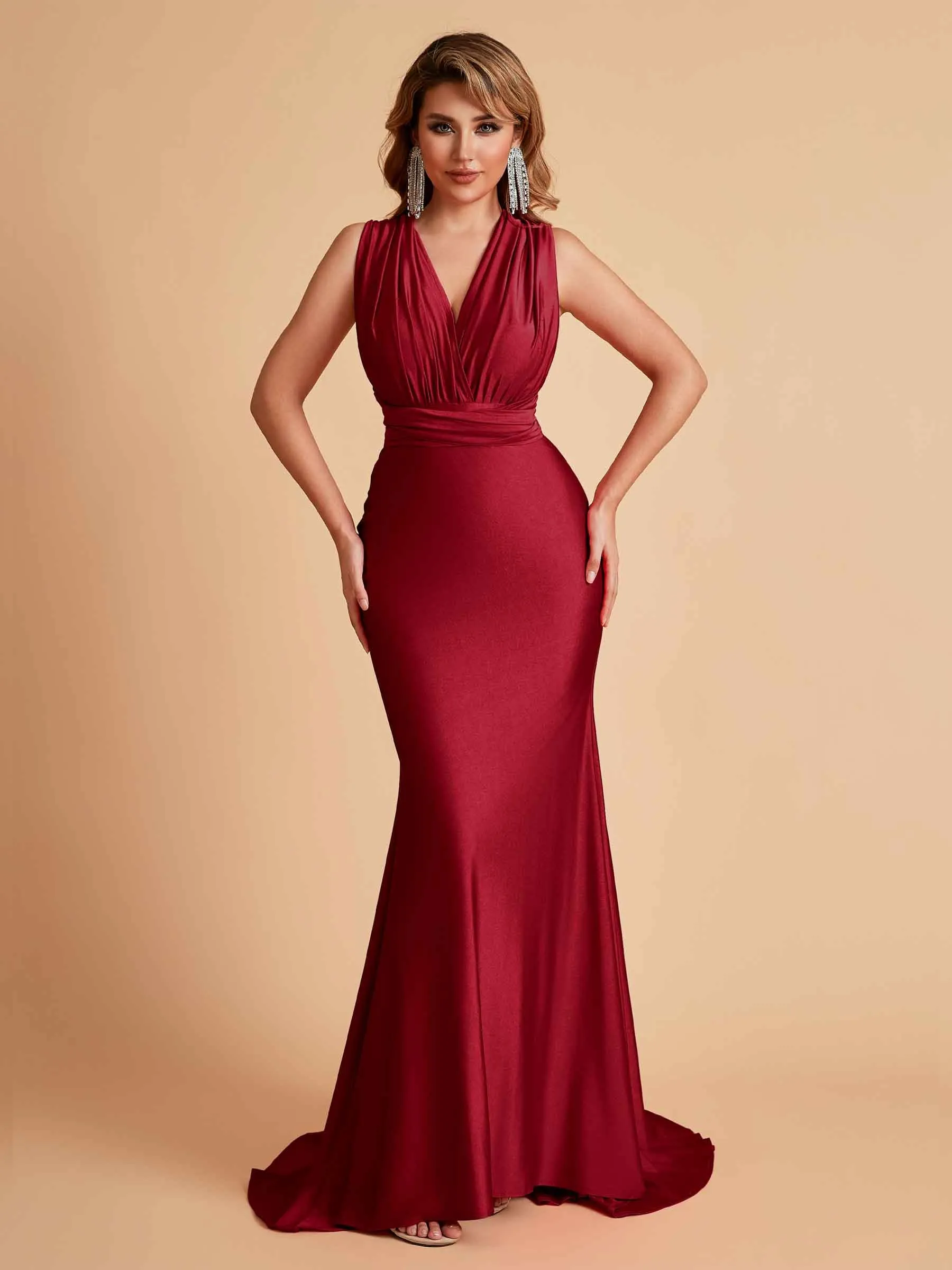 Sexy Convertible Jersey Pleats Mermaid Bridesmaid Dresses Floor Length Bridal Party Dresses