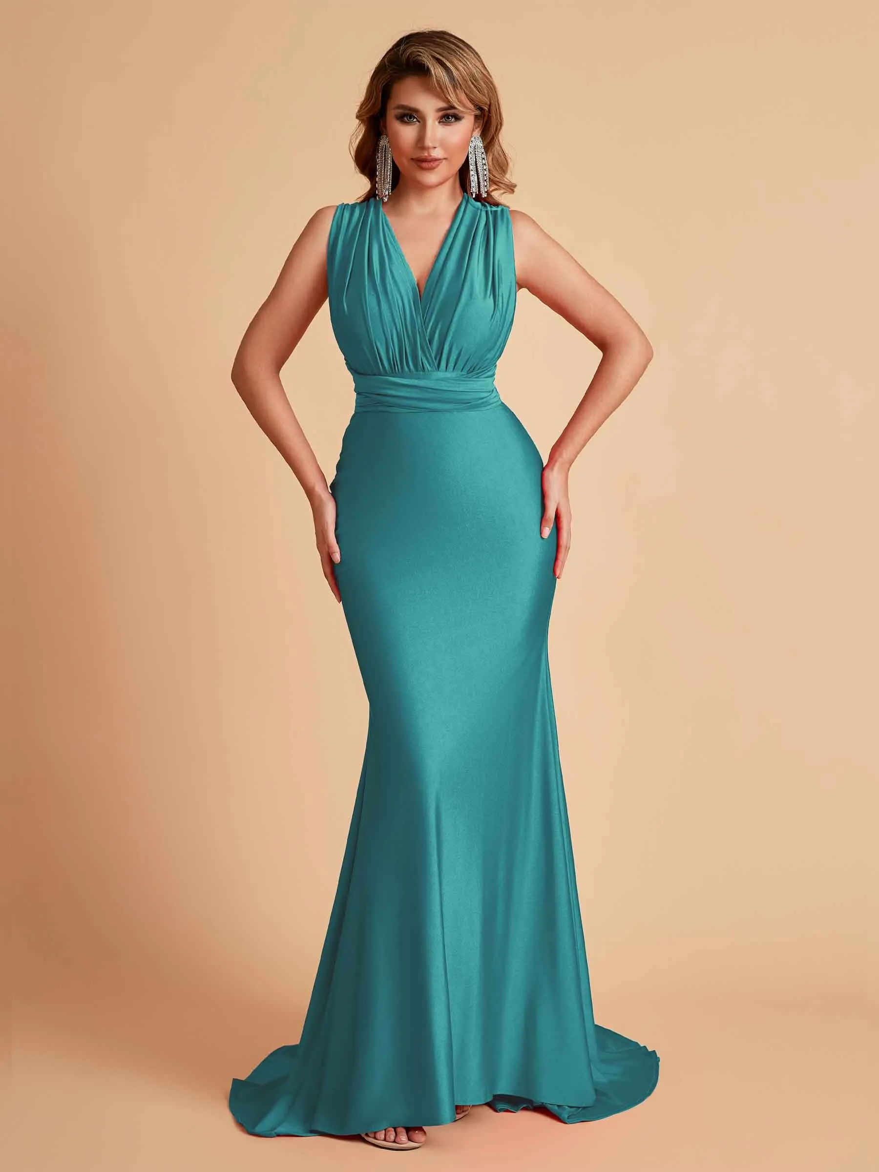 Sexy Convertible Jersey Pleats Mermaid Bridesmaid Dresses Floor Length Bridal Party Dresses