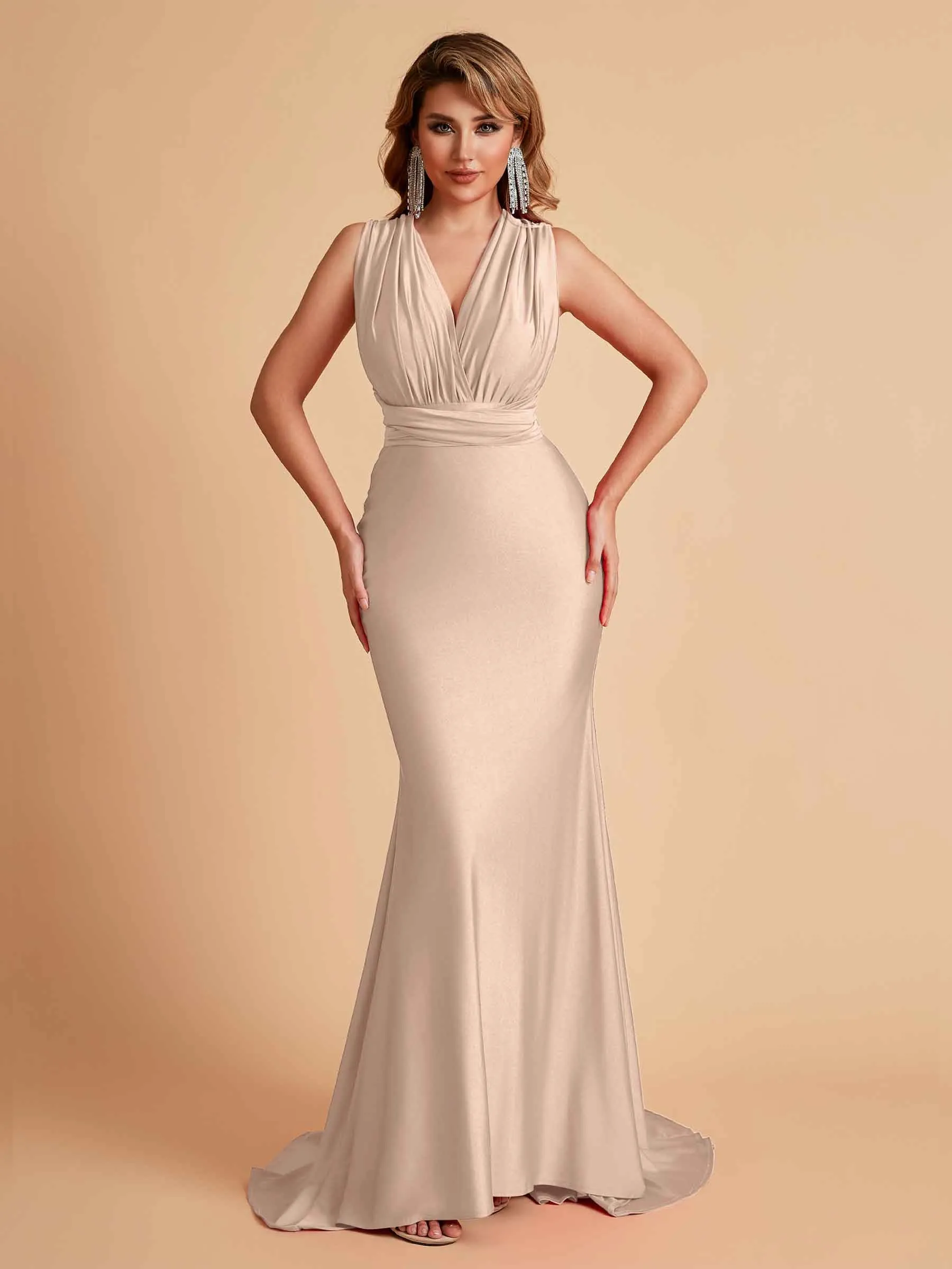 Sexy Convertible Jersey Pleats Mermaid Bridesmaid Dresses Floor Length Bridal Party Dresses