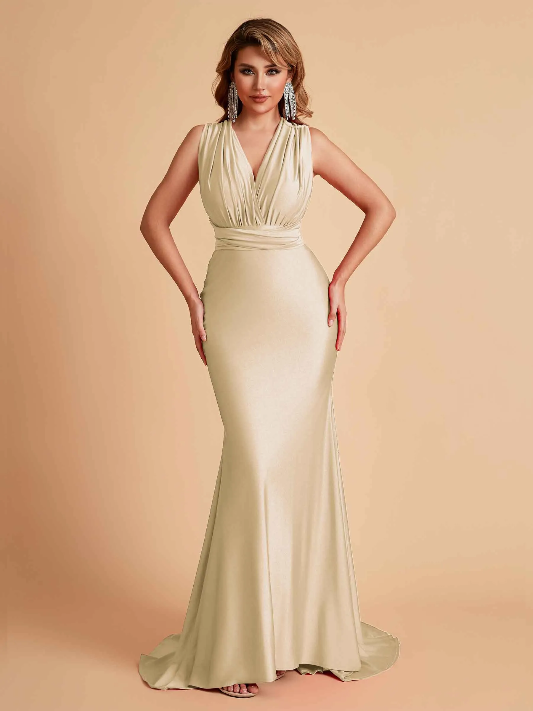Sexy Convertible Jersey Pleats Mermaid Bridesmaid Dresses Floor Length Bridal Party Dresses